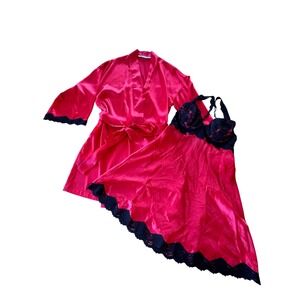 Y2K Victoria Secret Lingerie Set Women S Red Black Lace Satin Robe Slip Babydoll